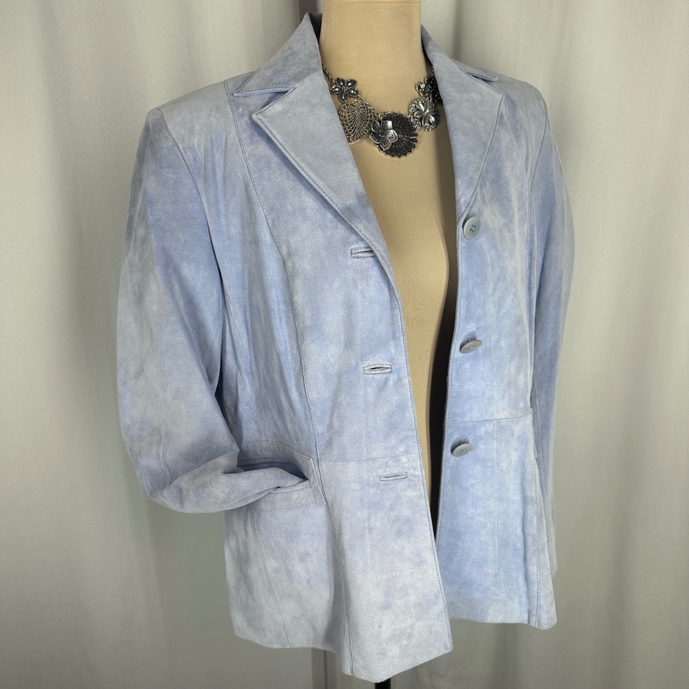 Liz Claiborne Petite S Blue Suede Leather Blazer Jacket Y2K Tailored READ